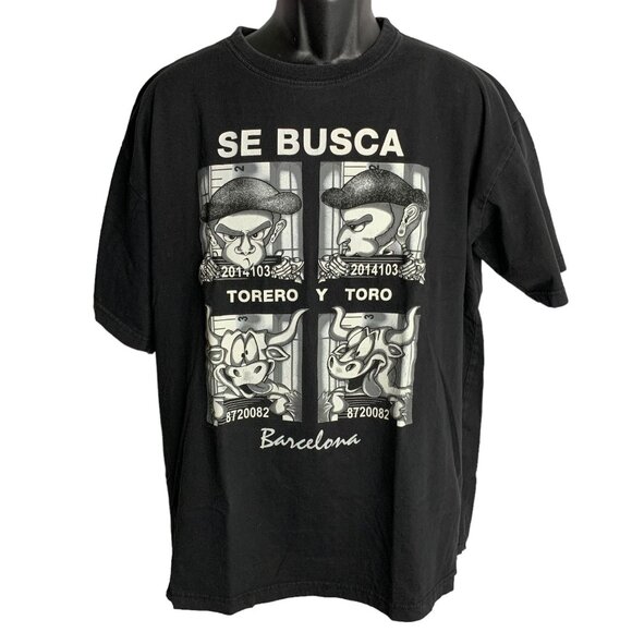 Vintage Barcelona Crewneck T Shirt XL Black Wanted Matador Bull Short Sleeves - Picture 1 of 6